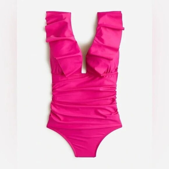 J Crew Womens Size 12 Ruched Ruffle One-Piece Swimsuit Radiant Fuchsia $118 277